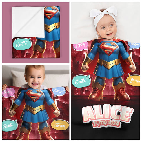 Personalized Supergirl Baby Blanket – Custom Name, Date & Background | Heroic Baby Girl Gift